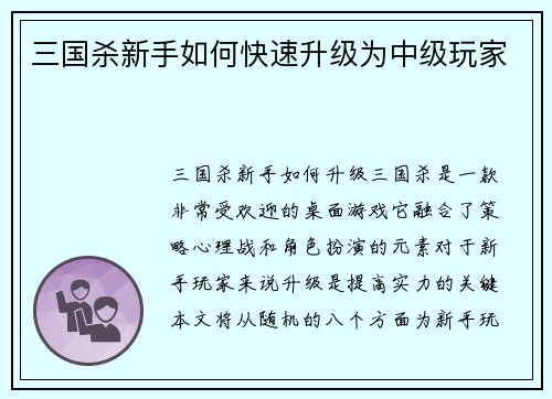 三国杀新手如何快速升级为中级玩家